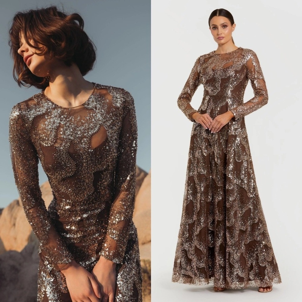 NWT Mac Duggal Brown Embellished‎ Long Sleeve High Neck Evening Gown $698 Size 6
